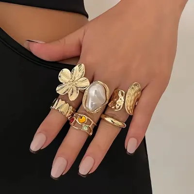 Flower Metal Golden & Silver Design Finger Ring ( 6 Pcs )